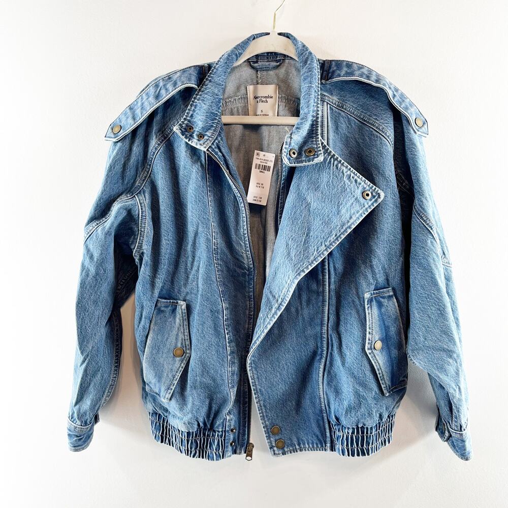 Abercrombie Relaxed Denim Bomber Jacket Medium Wash Blue Small - Picture 4 of 8